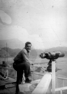 Don Ruecker posing with the 20 power binoculars.