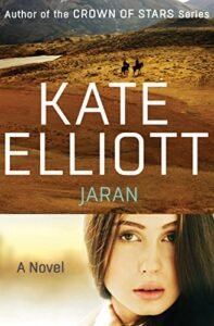 Jaran by Kate Elliott, a split cover with a scene of riders on horses on the top half and a close up of a young woman's concerned face on the bottom half. This is the Open Road Media ebook cover.