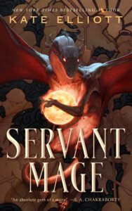 The cover of Servant Mage shows a large dragon possessively cluthing a big glowing fiery sphere. Art by Tommy Arnold.