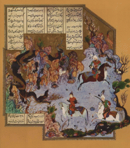 An illustration depicting the king, Feraydun, dividing his empire between his three sons. Feraydun is shown as a dragon and each son is mounted on a horse.