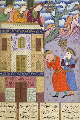 Zal stands with a companion at the base of a palace wall. He touches a lock of hair which Rudabeh, standing at the top of the wall, has let down. She has several companions with her.